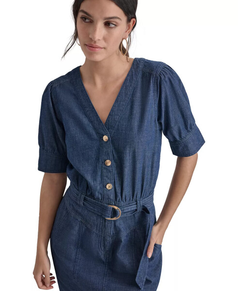 Women's Puff-Sleeve Belted Cotton Denim Shirtdress Lagoon Wash - 5