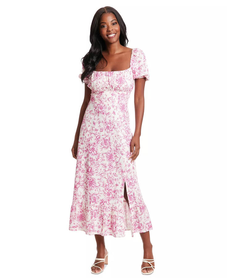 Women's Puff-Sleeve Ruched Smocked-Back Empire Midi Dress Ivory/Pink - 1