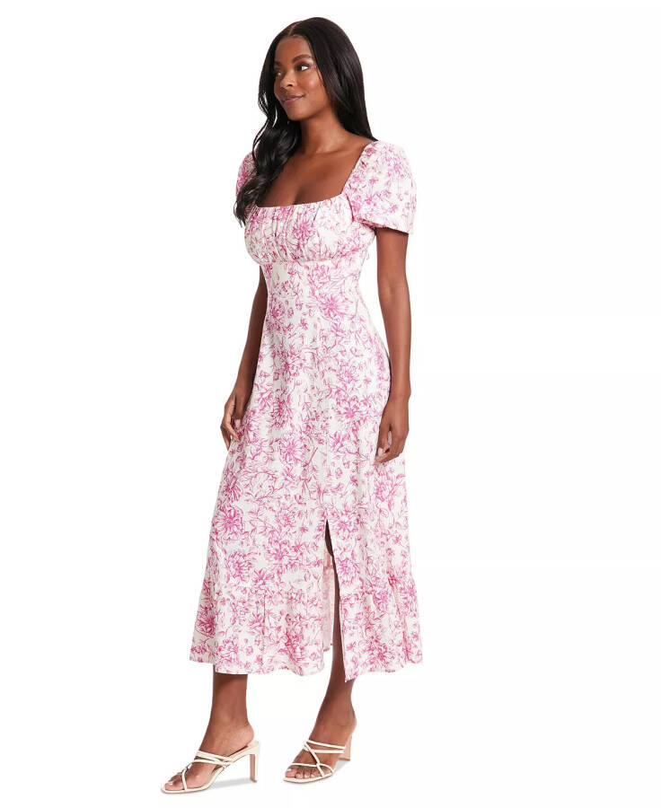 Women's Puff-Sleeve Ruched Smocked-Back Empire Midi Dress Ivory/Pink - 3