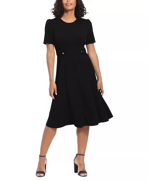 Women's Puff-Sleeve Tab-Detail Fit & Flare Dress Black - 1