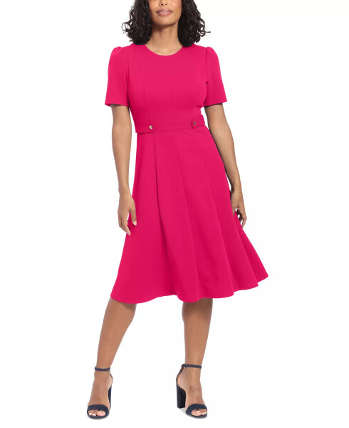 Women's Puff-Sleeve Tab-Detail Fit & Flare Dress Bright Pink - 1