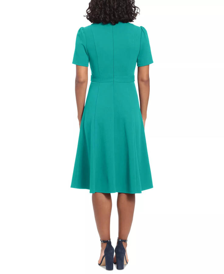 Women's Puff-Sleeve Tab-Detail Fit & Flare Dress Emerald - 2