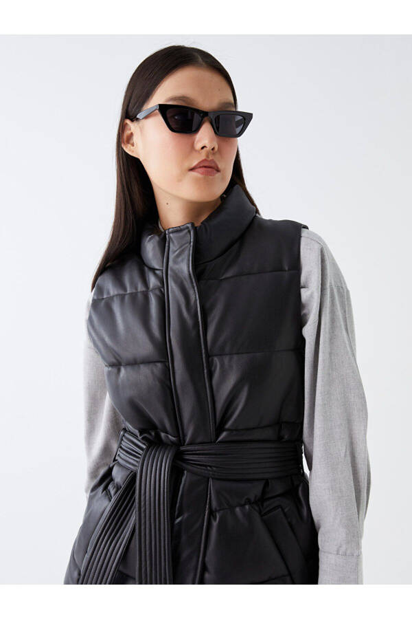 Women's Puffer Vest with Stand Collar and Leather Look - 2