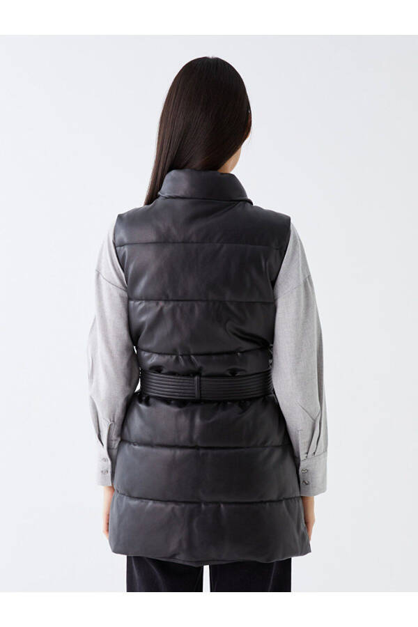 Women's Puffer Vest with Stand Collar and Leather Look - 6