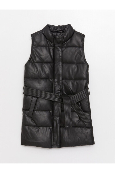 Women's Puffer Vest with Stand Collar and Leather Look - 7