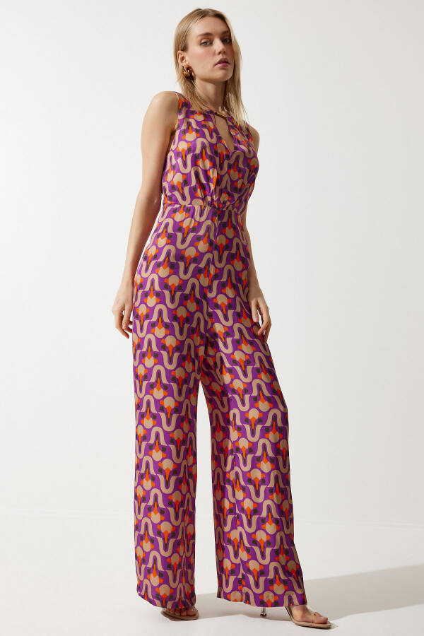 Women's Purple Beige Patterned Satin Jumpsuit WF00072 - 2