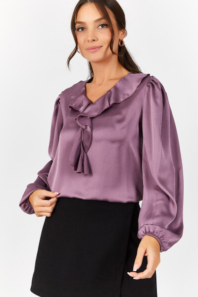 Women's Purple Frilled Shoulder Ruffle Sleeve Elastic Cotton Satin Blouse ARM-22K001059 - 1