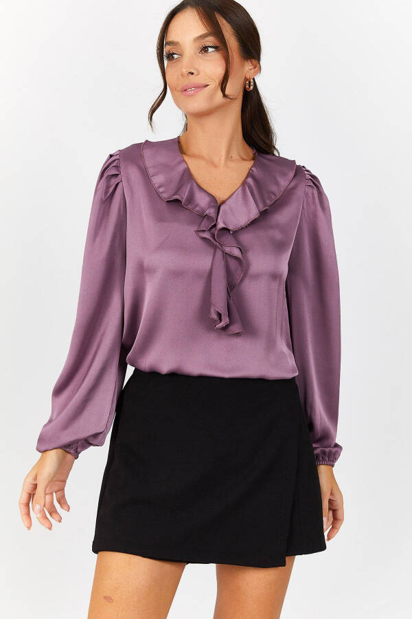 Women's Purple Frilled Shoulder Ruffle Sleeve Elastic Cotton Satin Blouse ARM-22K001059 - 2