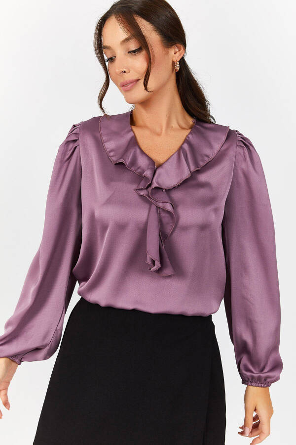 Women's Purple Frilled Shoulder Ruffle Sleeve Elastic Cotton Satin Blouse ARM-22K001059 - 3