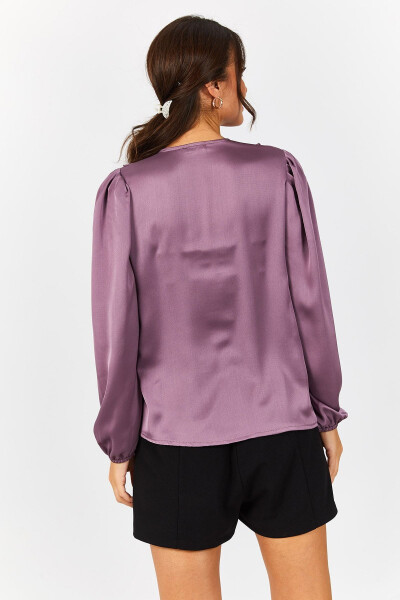 Women's Purple Frilled Shoulder Ruffle Sleeve Elastic Cotton Satin Blouse ARM-22K001059 - 4