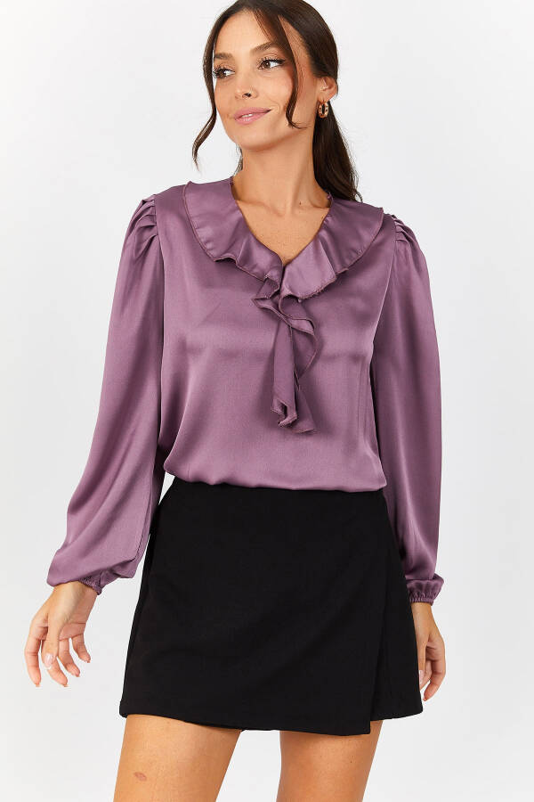 Women's Purple Frilled Shoulder Ruffle Sleeve Elastic Cotton Satin Blouse ARM-22K001059 - 6