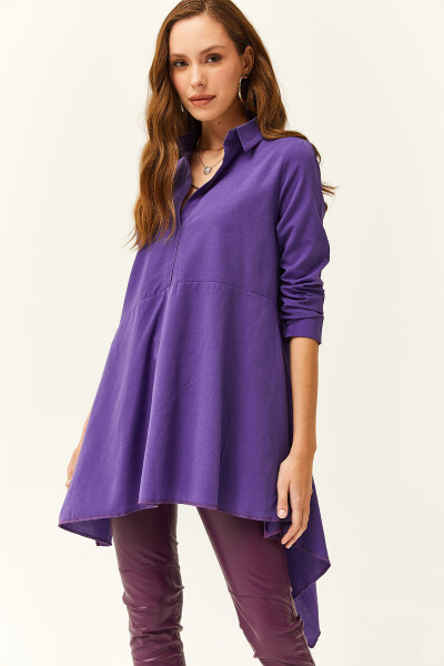 Women's Purple Shirt Collar Asymmetrical Tunic - 1