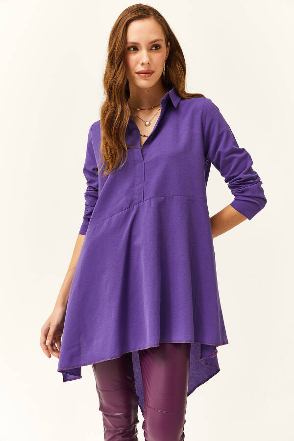 Women's Purple Shirt Collar Asymmetrical Tunic - 2