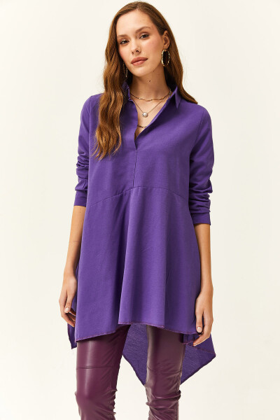 Women's Purple Shirt Collar Asymmetrical Tunic - 3