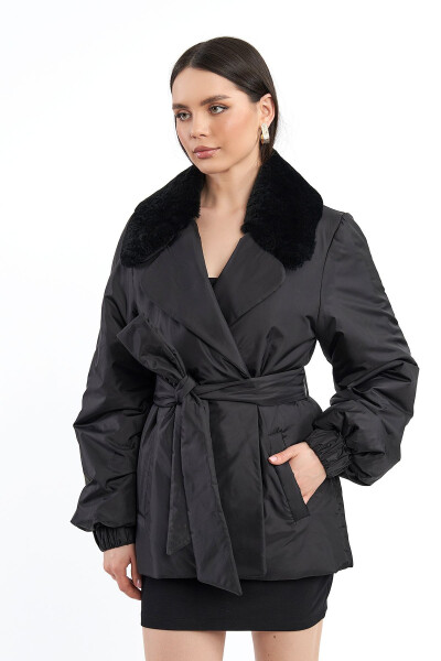 Women's Rabbit Fur Collar Belt Buckle Modern Regular Coat - 9