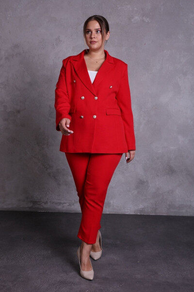 Women's Red Blazer Jacket with Belt, Pockets, Wide Leg Trousers, Plus Size Suit - 1