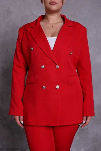 Women's Red Blazer Jacket with Belt, Pockets, Wide Leg Trousers, Plus Size Suit - 3