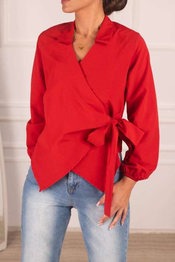 Women's Red Collared V-Neck Blouse ARM-22Y024025 - 2