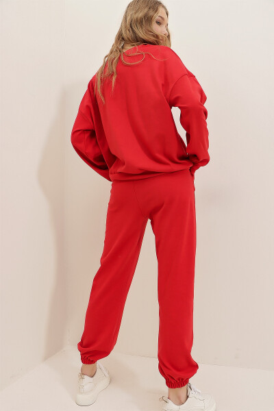 Women's Red Crew Neck Elastic Waist & Cuff Two-Thread Basic Tracksuit ALC-507-669-001 - 6