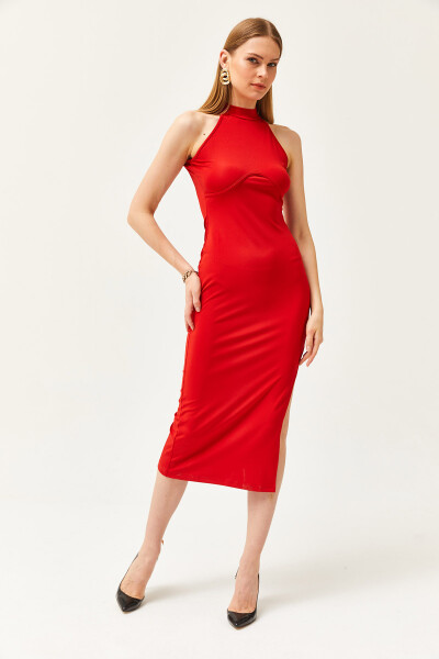 Women's Red Halter Neck Full Lycra Slit Midi Dress ELB-19002055 - 4