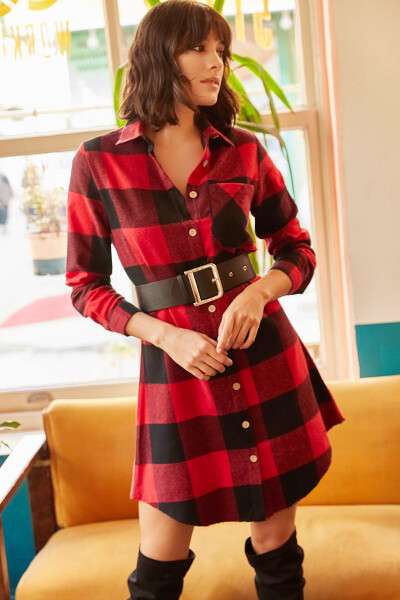 Women's Red Lumberjack Thick Plaid Tunic Dress ELB-19000836 - 1