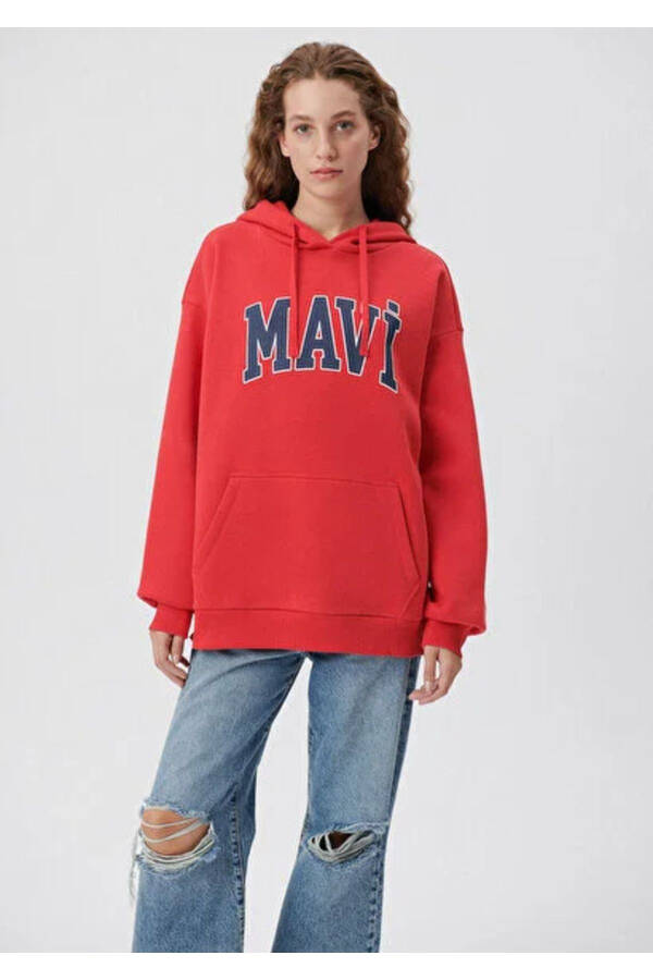 Women's Red M1600361-82054 Blue Logo Hooded Sweatshirt - 5