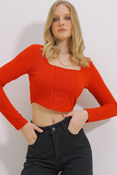 Women's Red Square Neck Front Stitch Crop Blouse ALC-X11437 - 1