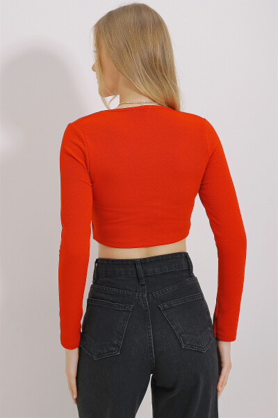 Women's Red Square Neck Front Stitch Crop Blouse ALC-X11437 - 4