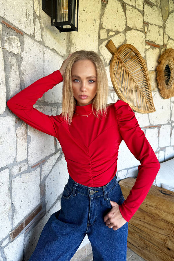 Women's Red Stand Collar Princess Sleeve Front Gathering Detail Crepe Knit Blouse Alc-X11010 - 5