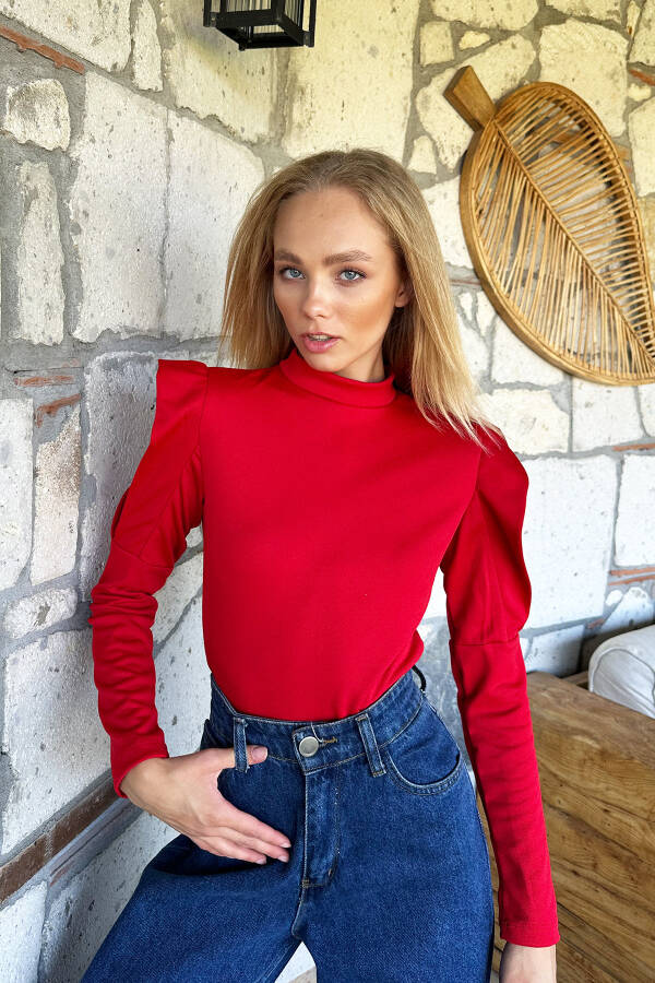 Women's Red Stand Collar Ruffle Sleeves Crepe Knit Blouse Alc-X11011 - 3