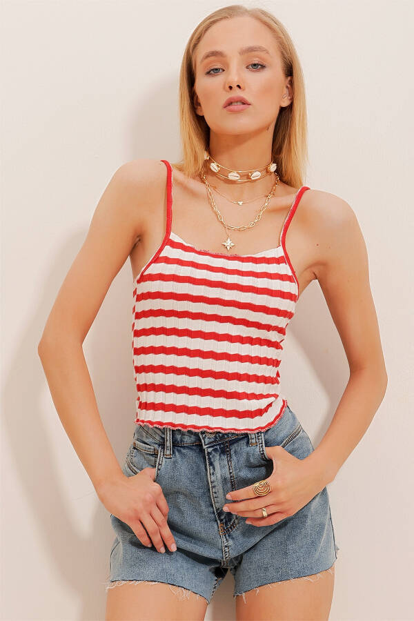 Women's Red Strappy Crop Ribbed Knit Blouse ALC-X10572 - 2