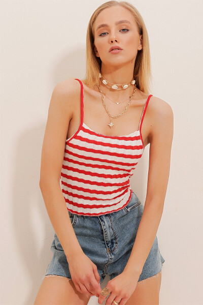 Women's Red Strappy Crop Ribbed Knit Blouse ALC-X10572 - 5