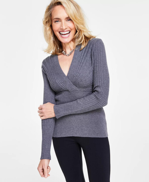 Women's Ribbed Surplice Pullover Sweater, Created for Modazone Medium Heather Grey - 5