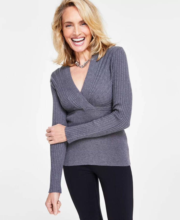 Women's Ribbed Surplice Pullover Sweater, Created for Modazone Medium Heather Grey - 1