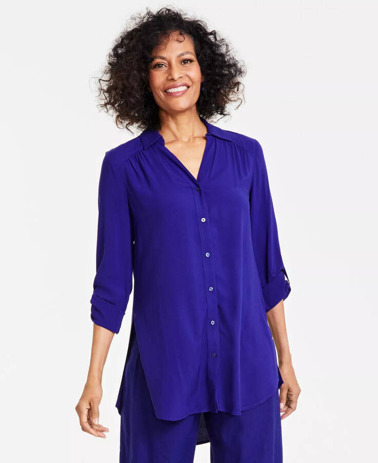 Women's Roll-Tab Button-Down Long Blouse, Created for Modazone Sapphire Crush - 1