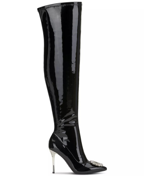 Women's Romina Embellished Pointed-Toe Over-The-Knee Boots, Created for Macy's Black Patent - 9