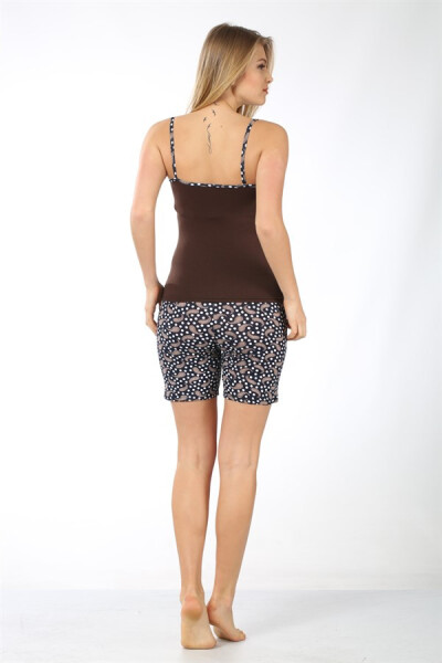 Women's Rope Strap Brown Pocket Shorts Pajamas Set 787 - 4