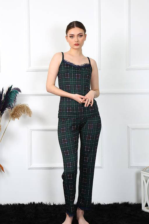 Women's Rope Strap Green Plaid Pajamas Set 4135 - 2