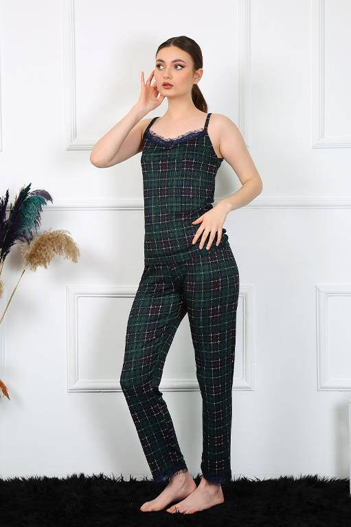 Women's Rope Strap Green Plaid Pajamas Set 4135 - 3