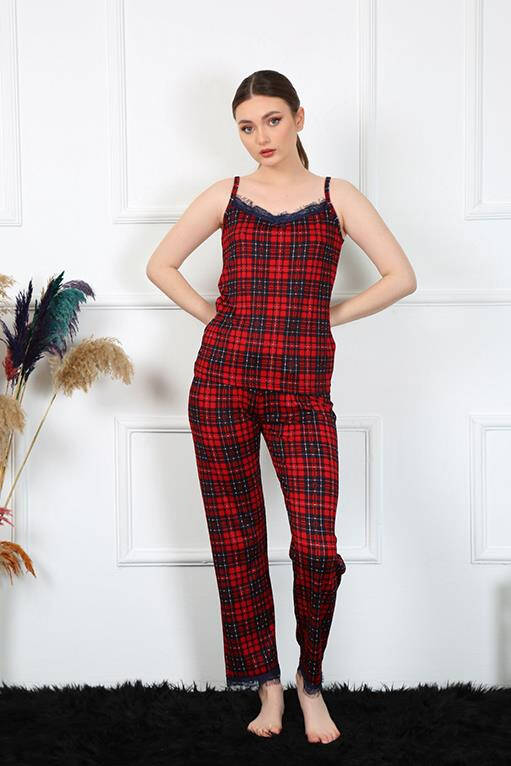 Women's Rope Strap Red Plaid Pajamas Set 4135 - 1