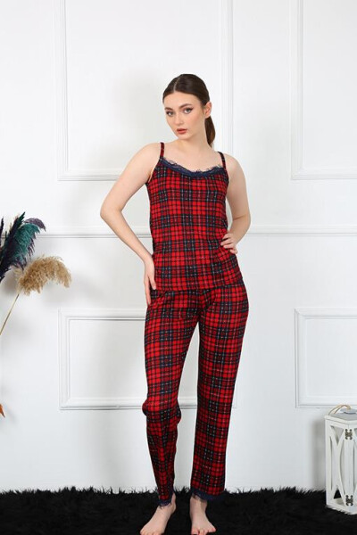 Women's Rope Strap Red Plaid Pajamas Set 4135 - 3