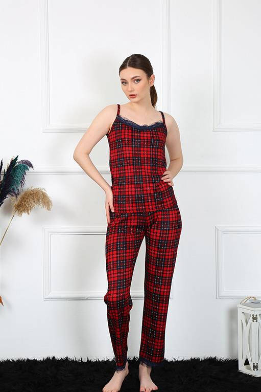 Women's Rope Strap Red Plaid Pajamas Set 4135 - 3