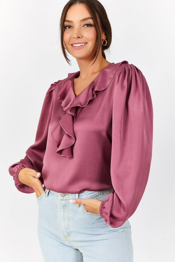 Women's Rose Collar Frilled Shoulder Ruffle Sleeve Elastic Cotton Satin Blouse ARM-22K001059 - 1