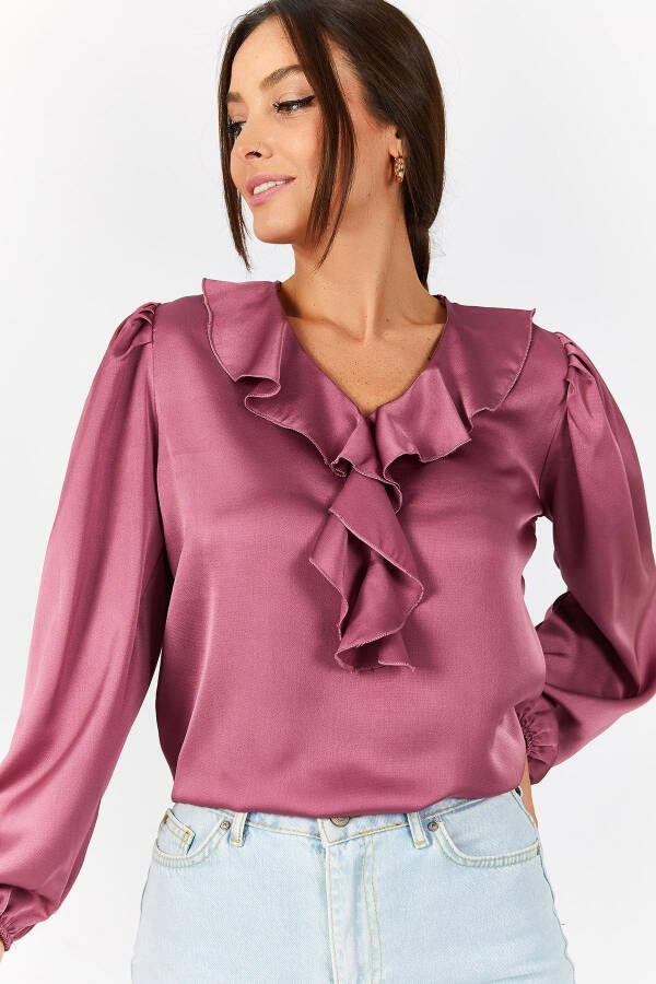 Women's Rose Collar Frilled Shoulder Ruffle Sleeve Elastic Cotton Satin Blouse ARM-22K001059 - 2