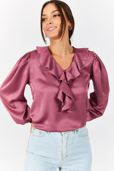 Women's Rose Collar Frilled Shoulder Ruffle Sleeve Elastic Cotton Satin Blouse ARM-22K001059 - 3