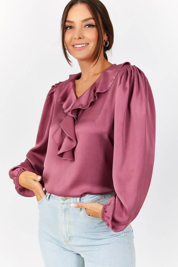 Women's Rose Collar Frilled Shoulder Ruffle Sleeve Elastic Cotton Satin Blouse ARM-22K001059 - 5