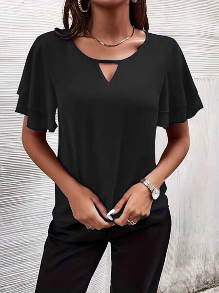 Women's ruffle window detail short sleeve blouse - 3