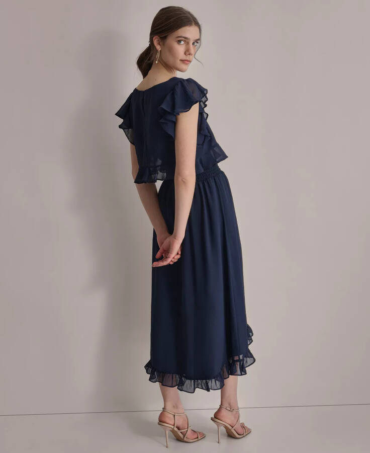 Women's Ruffled Gauze Smocked-Waist Tulip-Hem Dress Navy - 2