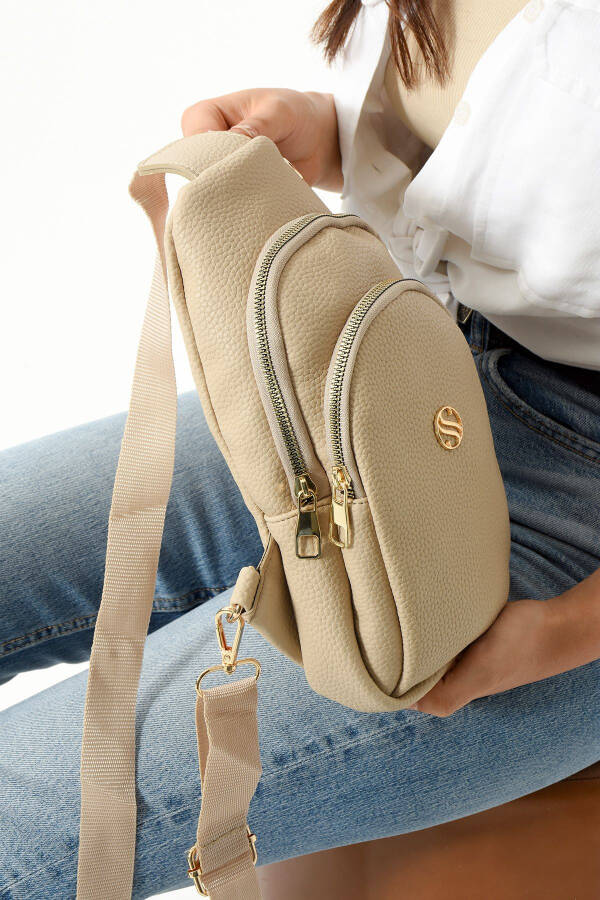 Women's Sand Beige Crossbody Bag with Gold Accessory Earphone Outlet Waist and Chest Bag Bodyba - 4