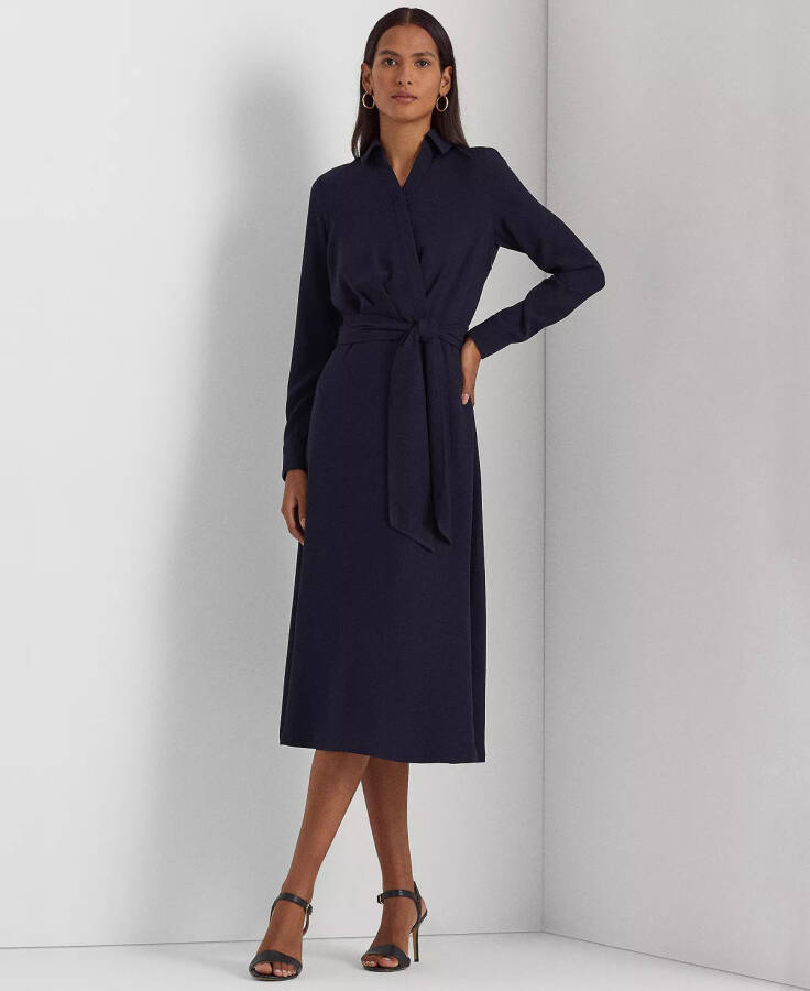 Women's Self-Belt Long-Sleeve Surplice Georgette Midi Dress Lighthouse Navy - 1